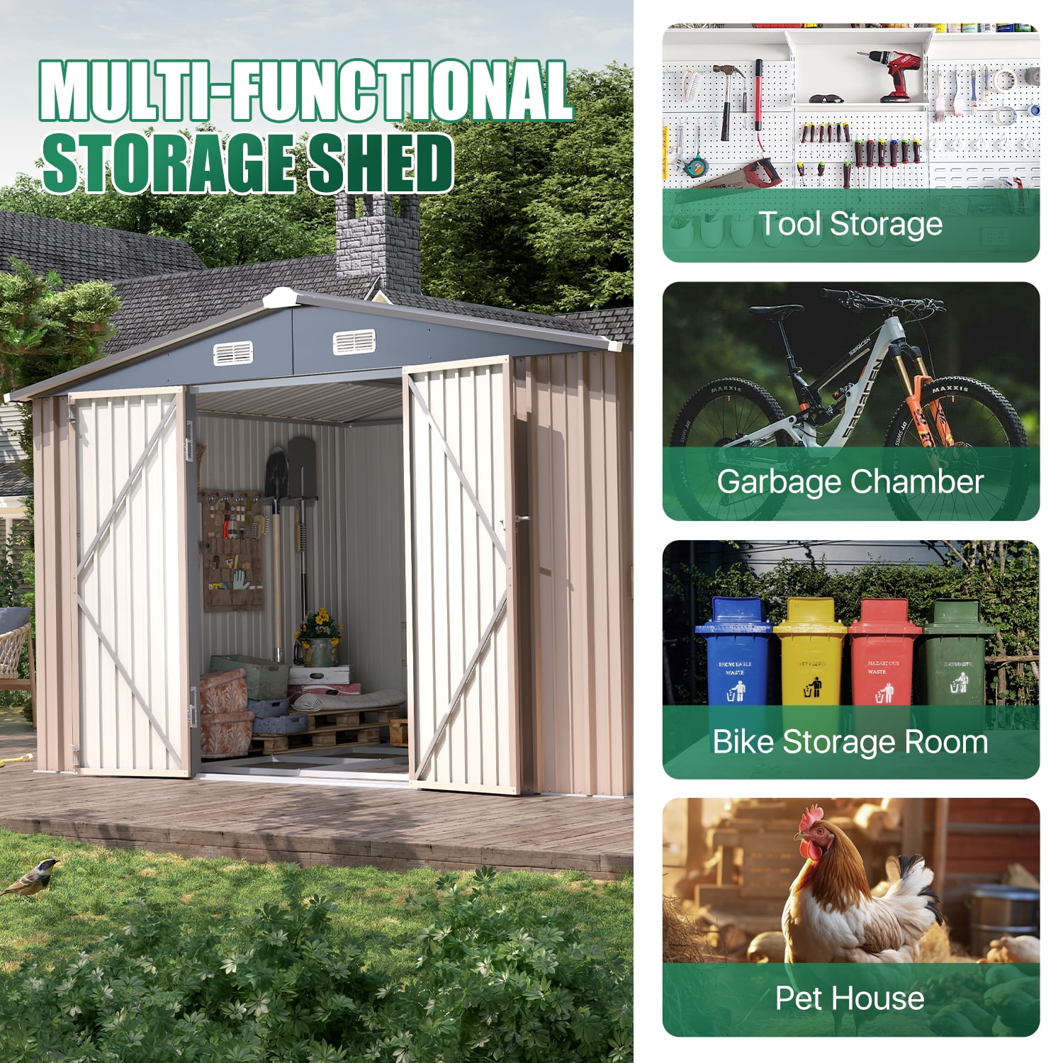Clouddwell 10x8 ft. Outdoor Storage Shed with Base, Brown Metal Garden Shed with Double Lockable Doors for Backyard, Patio
