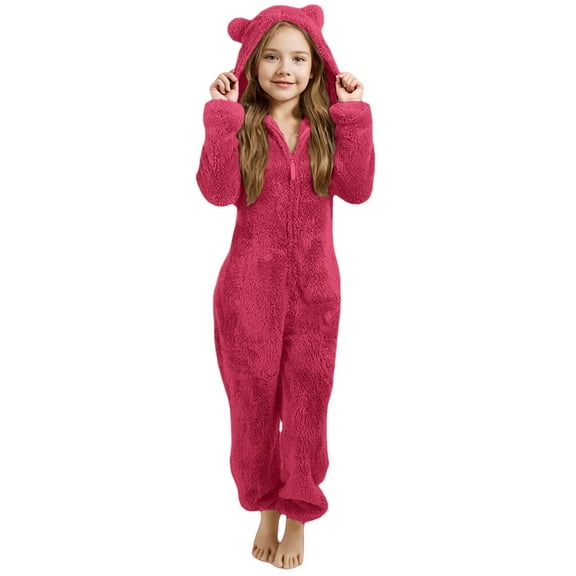 Girls Hooded Pajama Jumpsuit with Ears, Sherpa Lined Warm One-Piece Zipper Romper for Winter Sleepwear & Loungewear