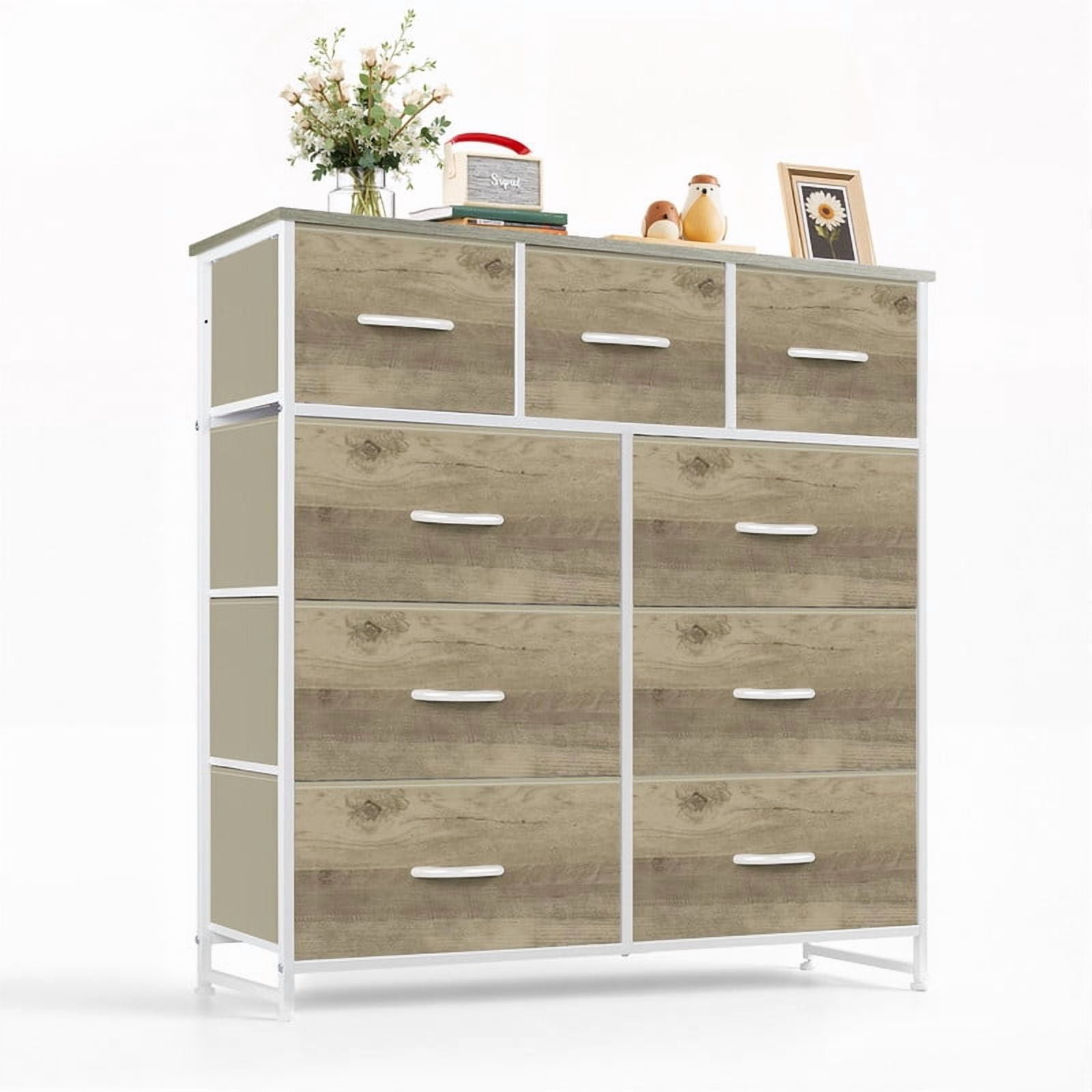 Bigleap 9 Drawers Dresser for Bedroom, Fabric Dresser with Sturdy Steel Frame, Wooden Top & Easy Pull Fabric Bins,Oak