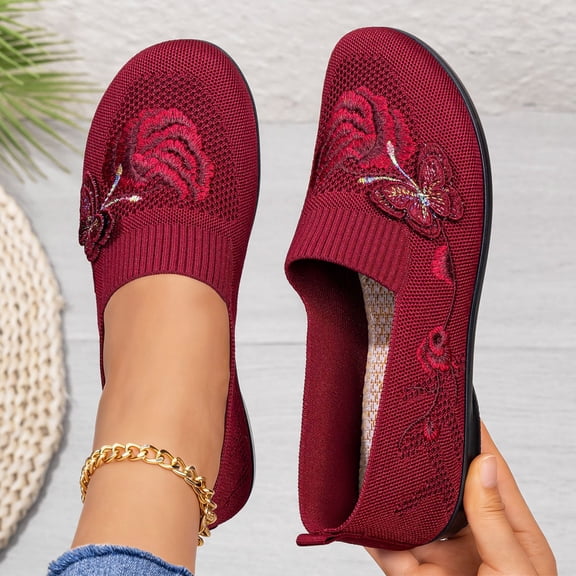 Domzle Womens Butterfly Embroidered Loafers 2026 Orthopedic Shoes Slip on Walking Shoes Breathable Mesh Casual Loafers Lightweight Slip-on Sneakers Red 37