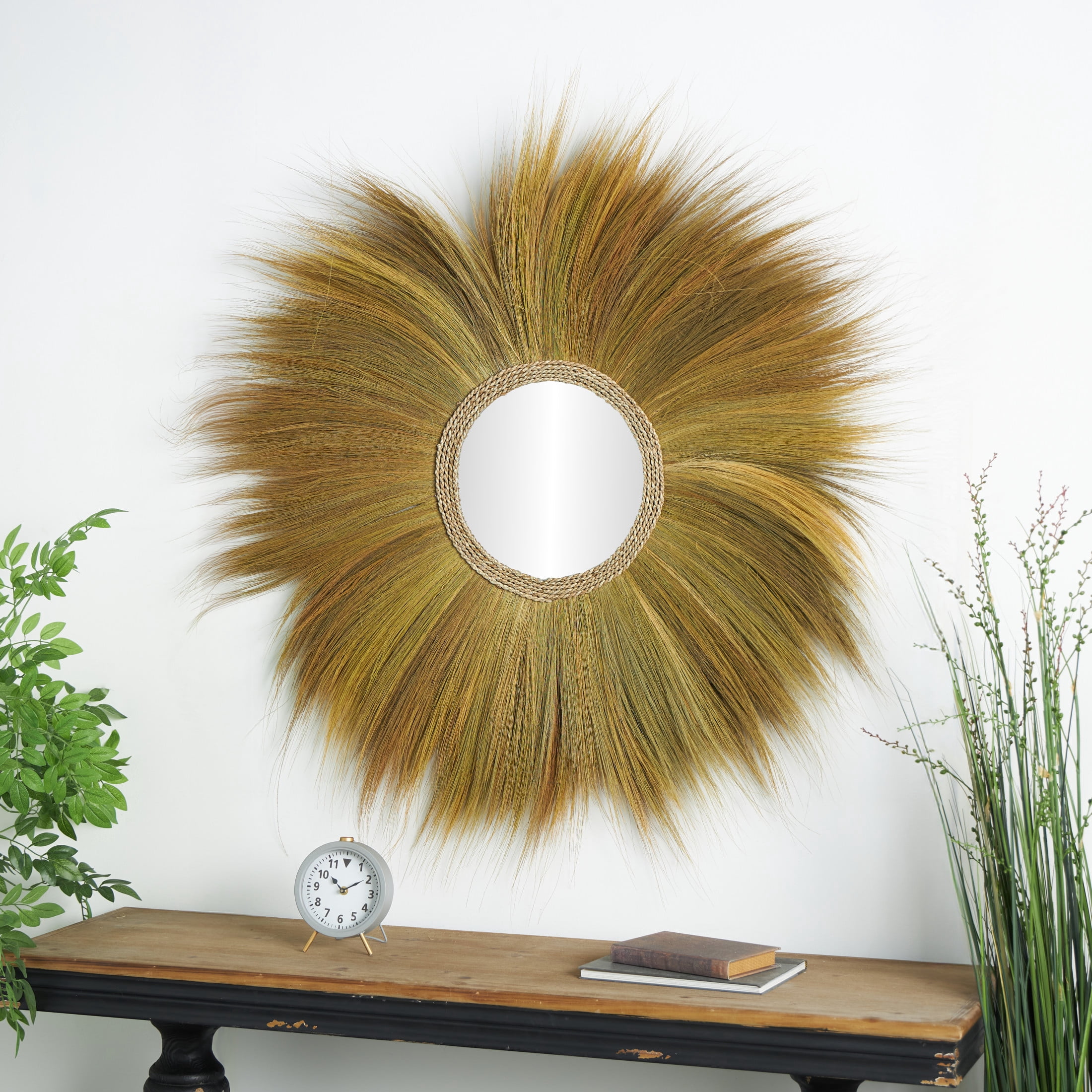 DecMode 45" x 45" Brown Tribal Inspired Sunburst Grass Wall Mirror with Coiled Rope Center