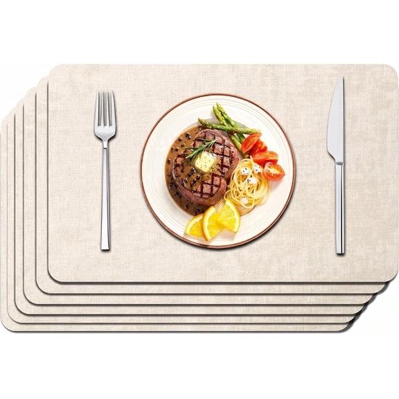 Set of 6 Faux Leather Placemats - Waterproof & Wipeable Dining Mats for Indoor/Outdoor Use. Heat-Resistant, Non-Slip & Large 17"x12" Beige Mats