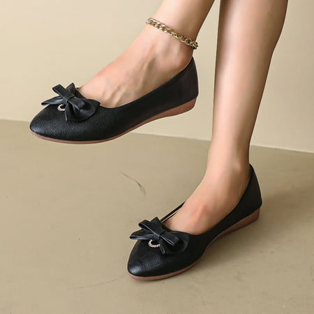 XDDST Women s Walking Shoes Flat Ladies Large Size Single Shoes Simple Pure Colour Bowknot Rhinestone Low Heel Flat Bottom Single Shoes Loafers Black
