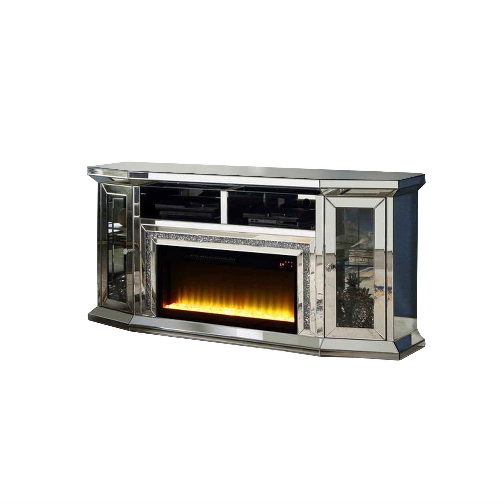 Mirrored TV Stand with LED Fireplace and 16 Color LED, Silver