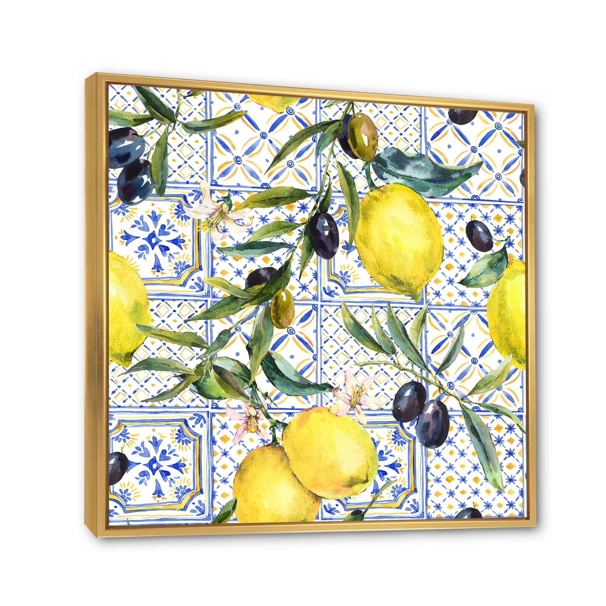 Designart 'Geometrical Pattern of Lemon Ornament On Blue III' Tropical Framed Canvas Wall Art Print