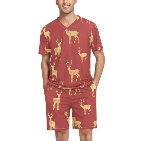 joogoo Men's Pajama Set Christmas Reindeers V-Neck Pj Shorts Set 2 Piece Loungewear Sleepwear L