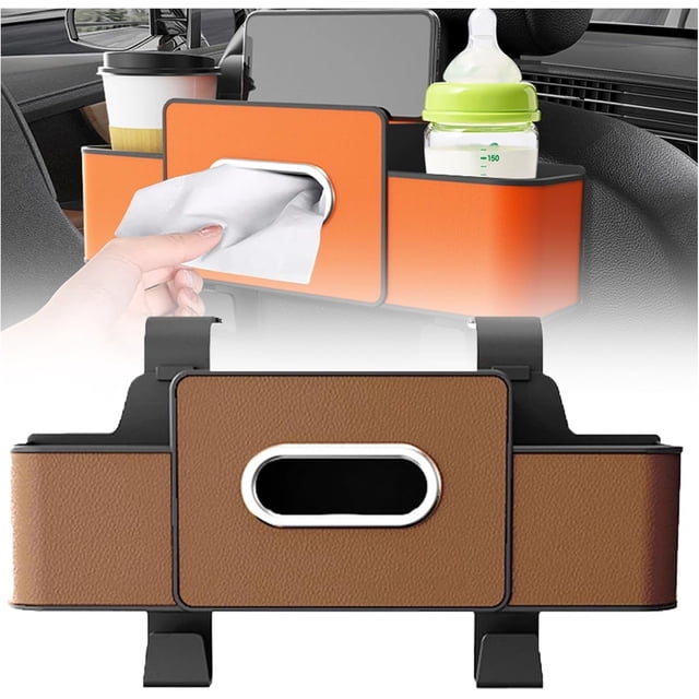 Car Organizers and Storage Box, 4 In 1 Multifunctional Car Organizers and Storage Back Seat with Drink Cup Holder Tissue Box, for Hold Phone,Snacks, Drinks, Handbag (Coffee)
