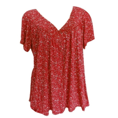 

RPVATI Womens Summer Shirts Floral Womens Maternity Tops Ruffle Flowy V Neck Pleated Oversized T Shirts for Women Short Sleeve Tunics To Wear with Leggins Red L