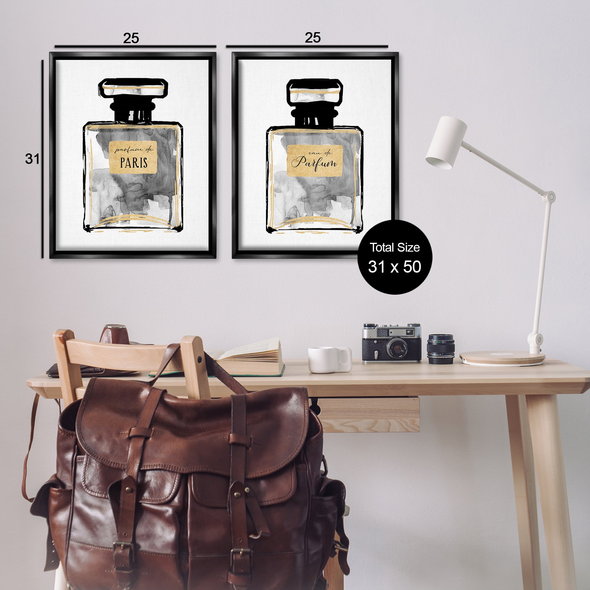 Stupell Industries Gray Gold Parfum Bottle Fashion Painting Black Floater Framed Canvas Art Print Wall Art, 31 x 25, Set of 2