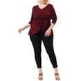 thumbnail image 5 of Agnes Orinda Women's Plus Size Tops Belted Knot Tie V Neck Long Sleeve Casual Knit Blouse 3X Burgundy, 5 of 7
