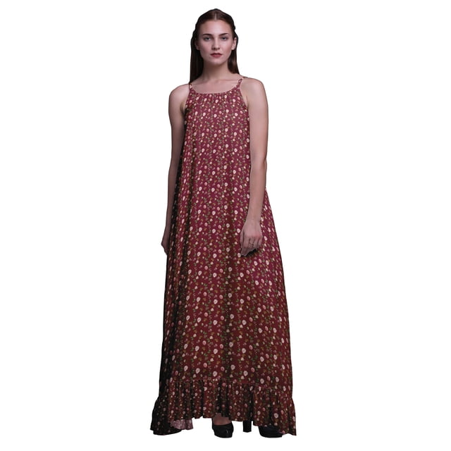 Bimba Robe de Nuit Imprimée Florale Bourgogne Dahliya & Rose pour Femmes Robe Maxi à Bretelles Spaghetti Longue Vêtements de Nuit Medium