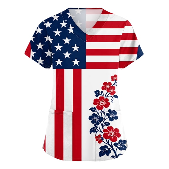 4th Of July Nursing Scrub Tops for Women 250th Anniversary Usa Flag Print Medical Nurse Short Sleeve V Neck Nursing Working Uniform with Pockets