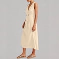 thumbnail image 5 of Robes d'Été Décontractées Élégantes en Lin Robe Maxi pour Femme Sans Manches à Col en V à Double Boutonnage Fluide Décontractée Taille Haute Évasée Robe Soleil avec Poches Beige TTG, 5 of 5