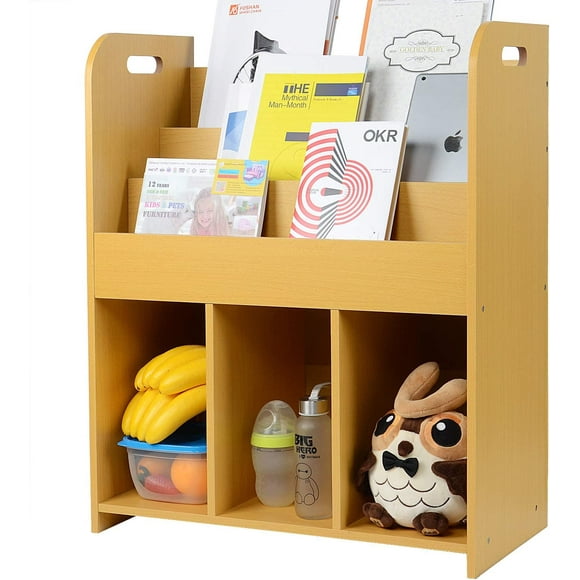 Kids Bookcase Bookshelf Display Stand 3-Tier with 3 Storage Bottom Compartments and Easy Move Handles