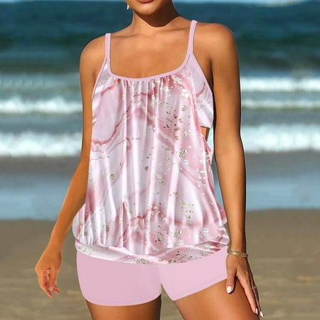 Fatuov Tankinis for Women Plus Size Swimsuits High Waisted Bikinis Swimwear Fashion Summer Beach Lace Patchwork Print Two-Piece Swimsuit Sets Pink
