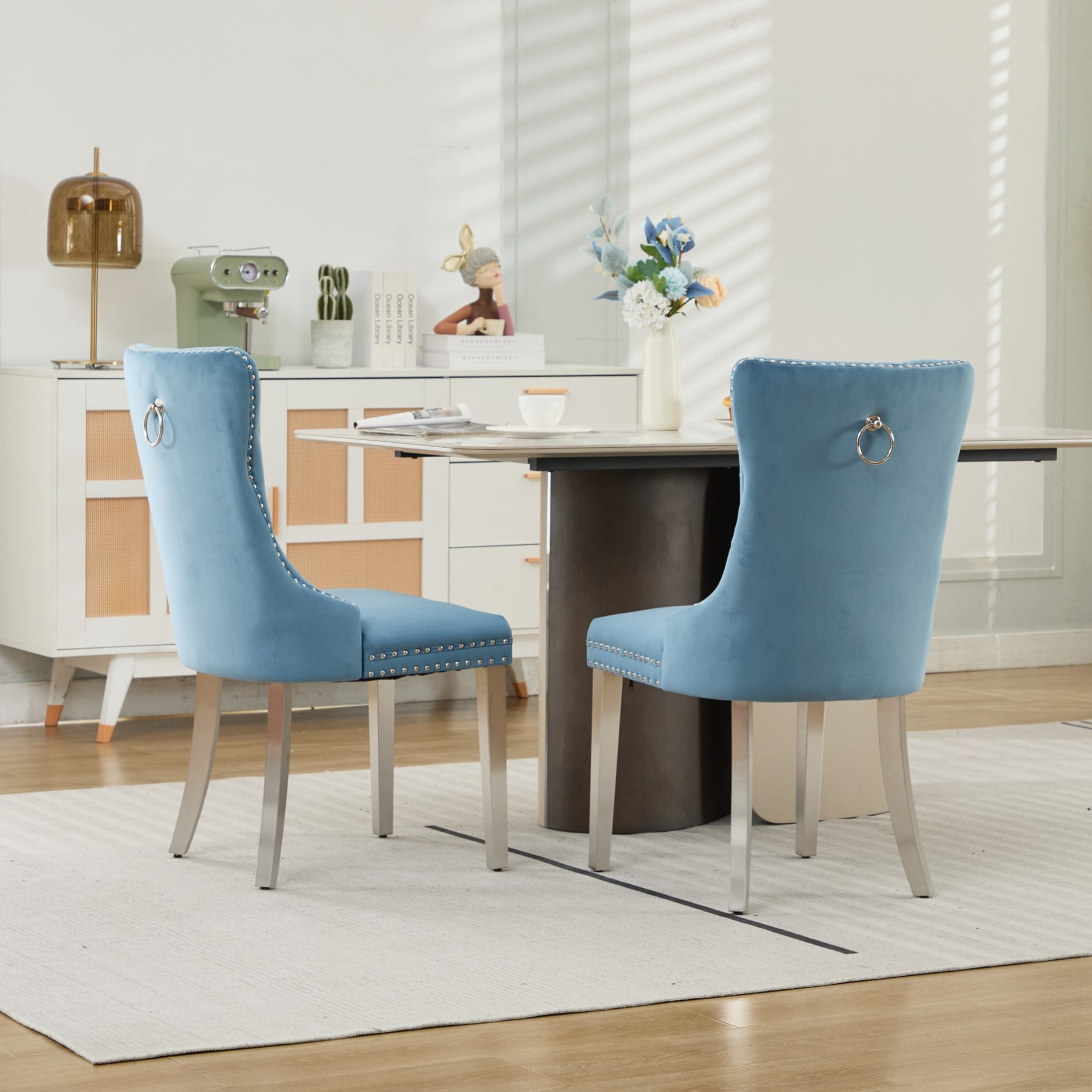 Noble House Set of 2 Upholstered Velvet Dining Chairs, Tufted Back, Chrome Legs, Light Blue