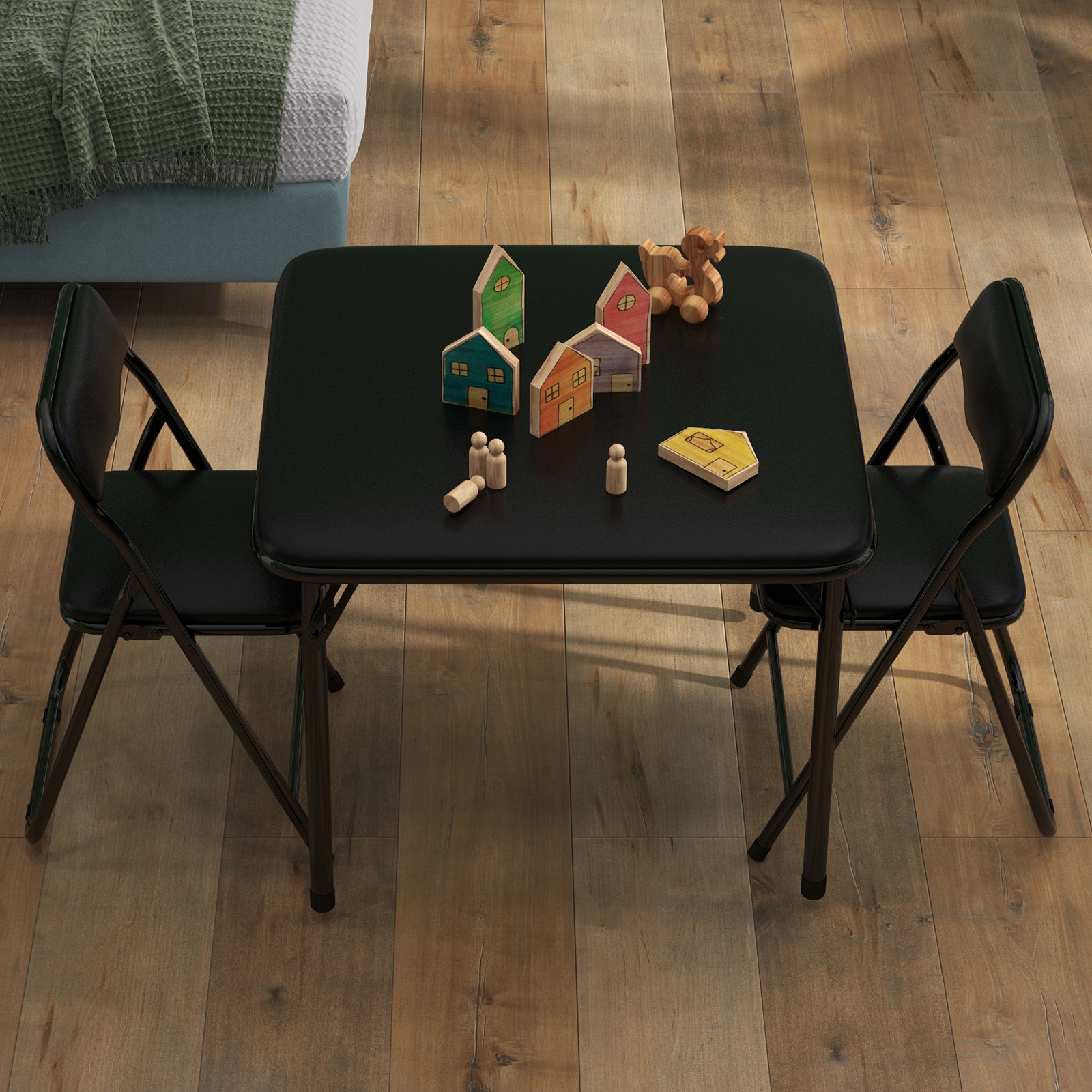 Rugerasy 3PC Folding Upholstered Table and Chair, Square Card Table and Chair Set with Pu Soft Cushion, Metal Frame Activity Table and Chairs Set for Daycare and Classroom,Black