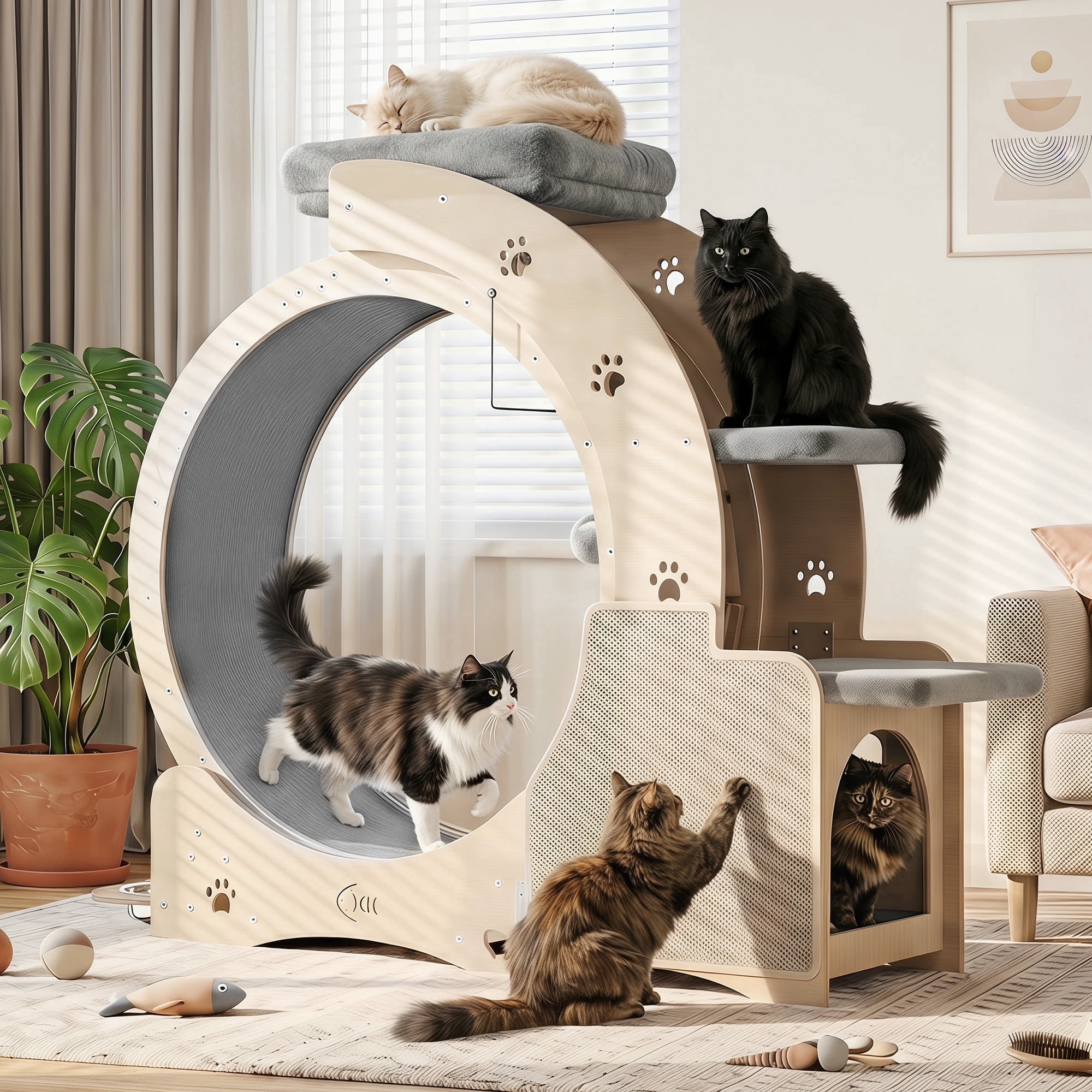 FOOWIN Cat Exercise Wheel, 40“ Cat Running Wheel for Indoor Cats with Condo, Scratching Post, Climbing Ladder, Feeding Bowls, Safety Lock