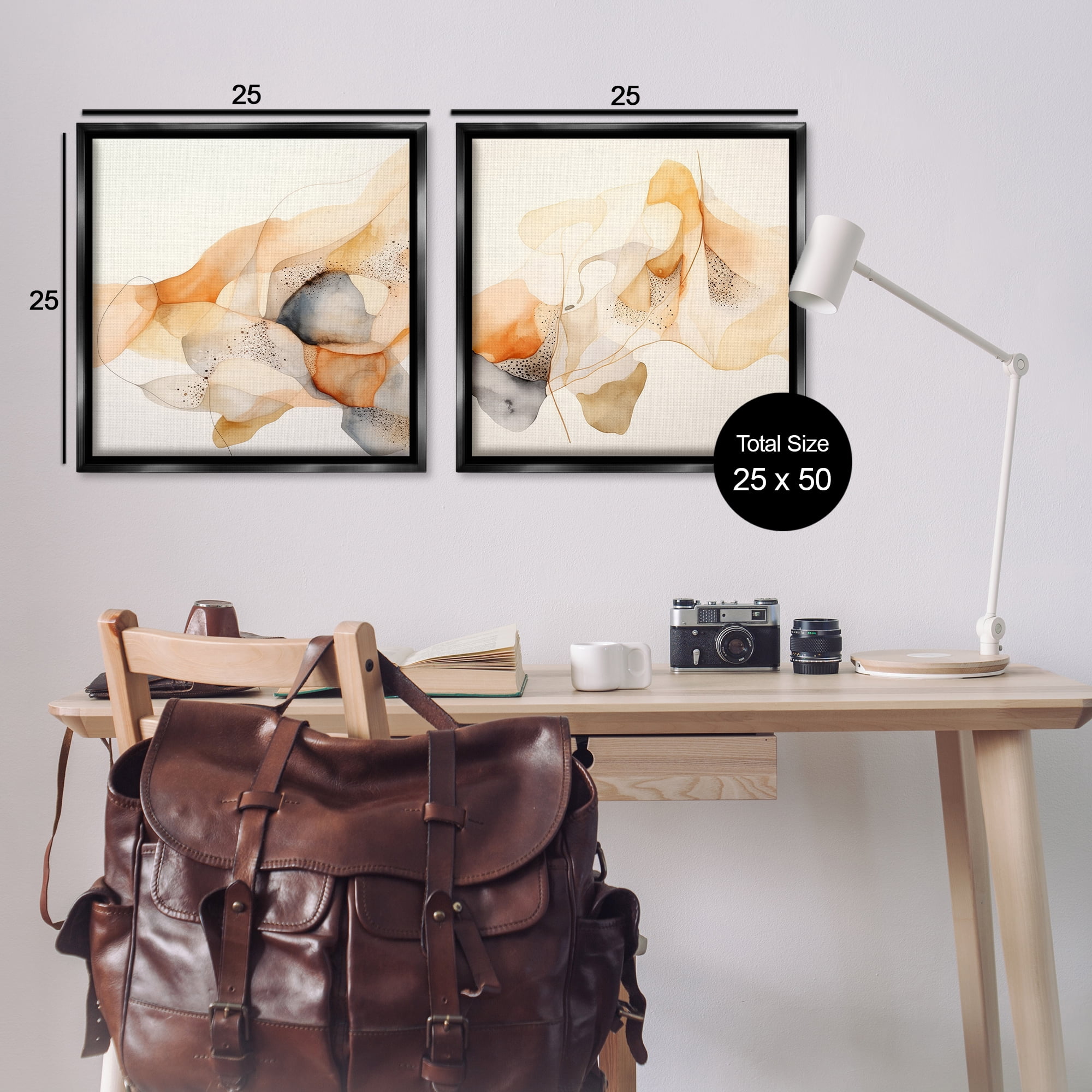 Stupell Industries Abstract Peach Watercolor Shapes Abstract Painting Black Floater Framed Canvas Art Print Wall Art, 25 x 25, Set of 2
