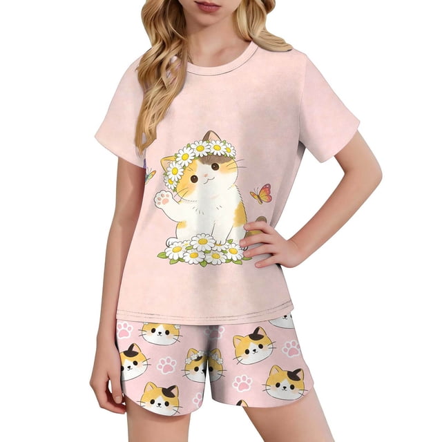 Kids Girls Fashion Cute Print Loose Short Sleeve Top Shorts Set Homewear Set