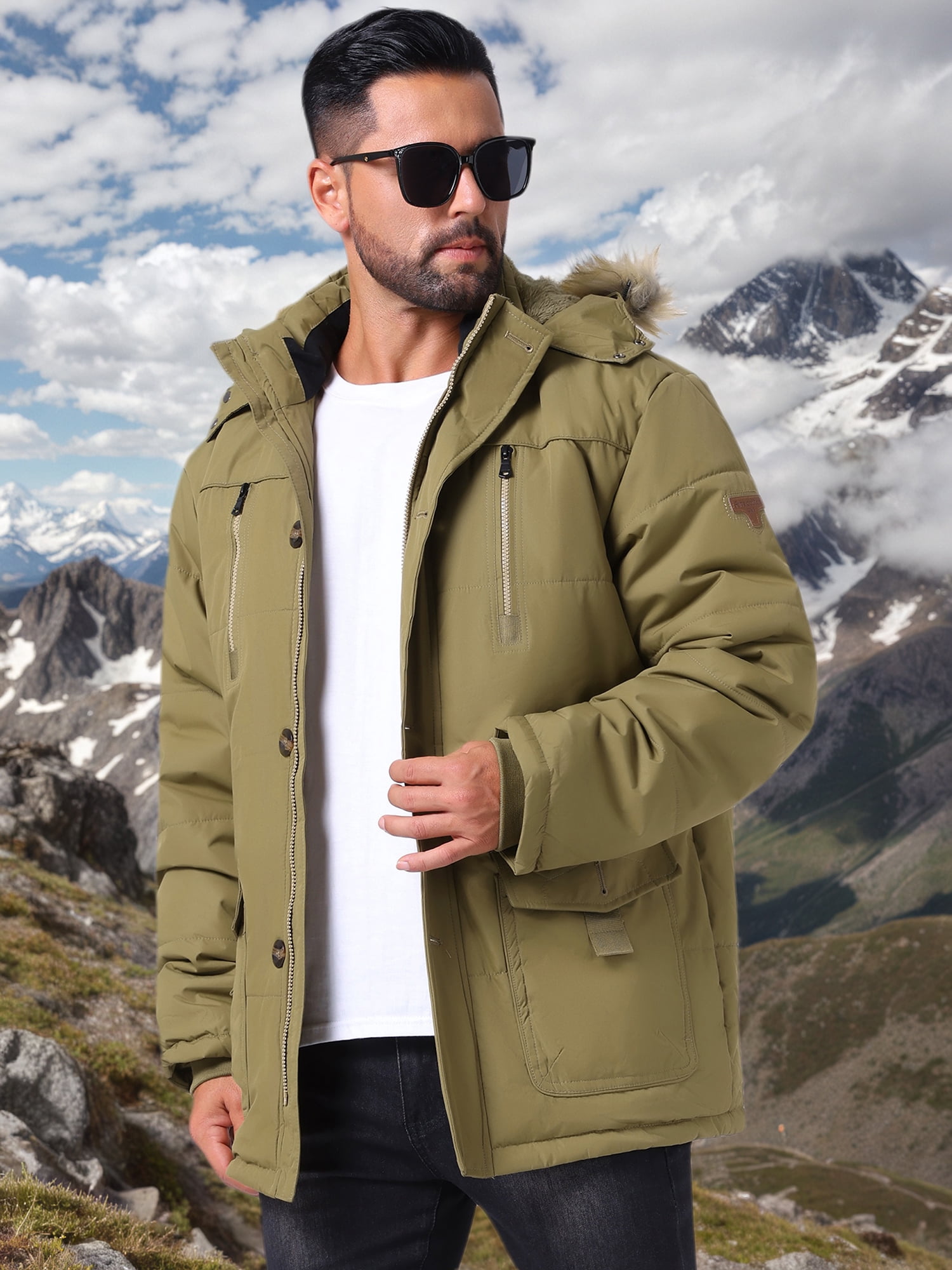 DARING DIVA Men's Warm Coat Fleece Lined Thicken Hooded Parka Jacket M Yellow Green
