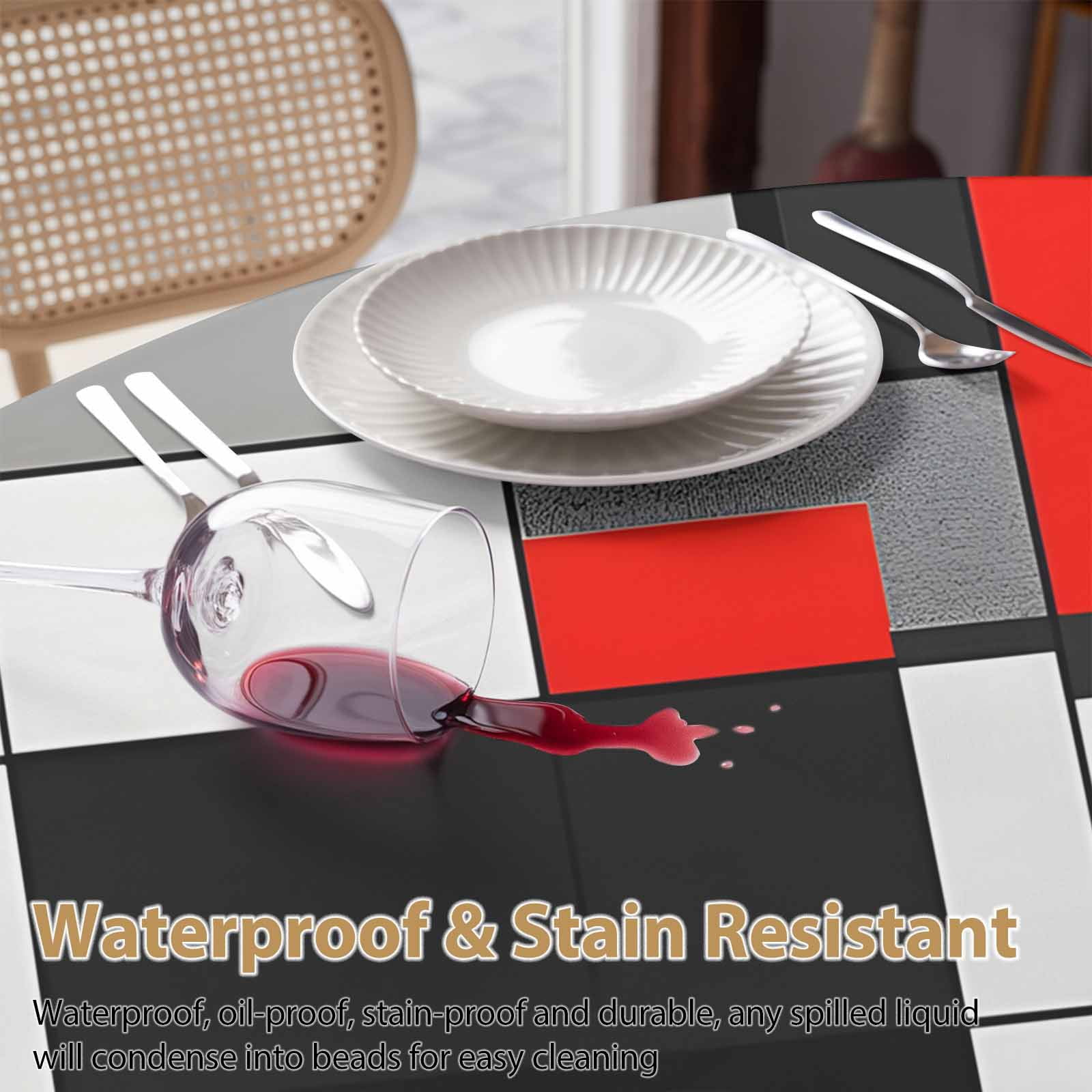 Round Tablecloth Red Black Gray Squares Waterproof Oil Proof Polyester Table Cloth Cover Decor for Home Dining Outdoor,Patio,Parties, 54" Dia. Abstract Geometric Art