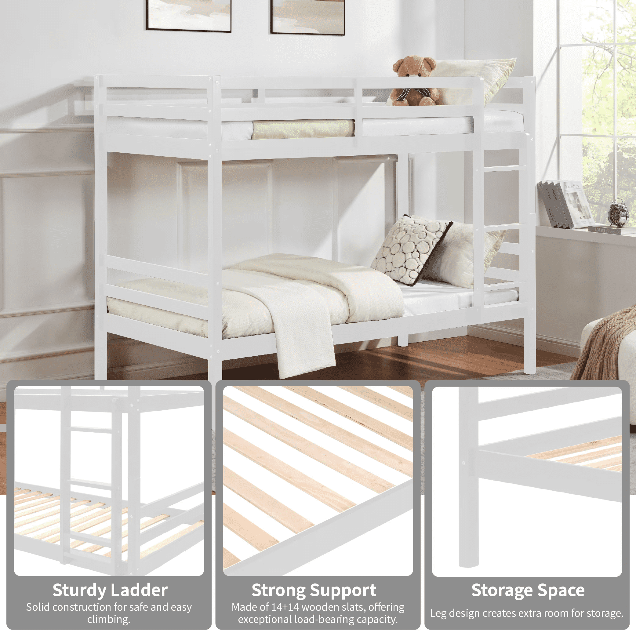 MAYEERTY Twin over Twin Bunk Bed with Ladder, Wooden Bed Frame with High Guardrail and Ladder for Kids, No Box Spring Needed, White