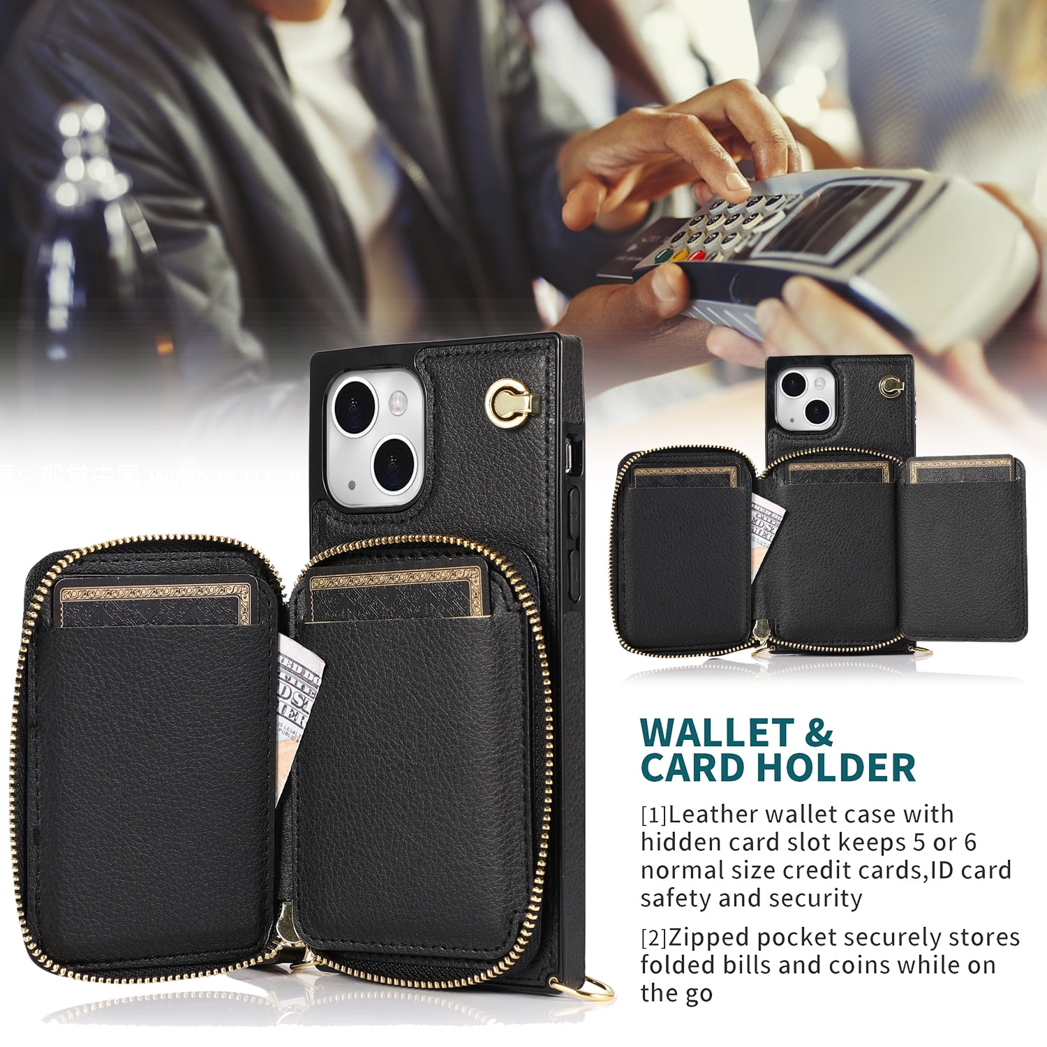 TECH CIRCLE For iPhone 7 / 8 / SE 2022 & 2020 Wallet Case,Card Holder Phone Case for Women, Zipper PU Leather Purse Kickstand Folio Flip Case with Crossbody Strap for Apple iPhone 7 8 SE 2022,Black