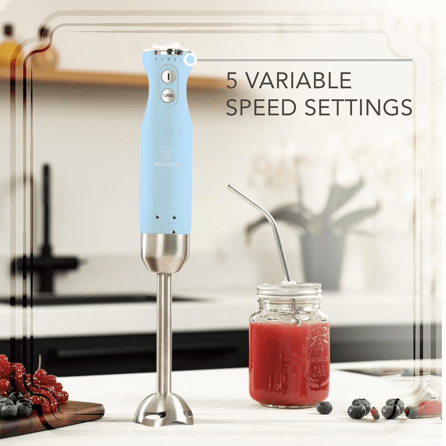 Westinghouse Hand Blender - 5-Speed Immersion Blender with Turbo Function, Stainless Steel Blades & Rod, 500W Power, Detachable Easy Clean Design, Best for Smoothies & Soups - Retro Appliance, Blue