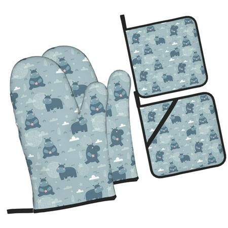 

Tebeau Cute Hippopotamus Print 4 Pcs Oven Mitts and Pot Holders 500°F High Heat Resistant Kitchen Oven Mitts with Pot holders Long Oven Mitts for Baking and Cooking