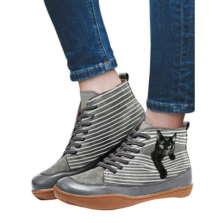

Crocowalk Women s Lace Up Low Heel Ankle Booties Cat s Print Cotton Boots Comfortable Slip On Outdoor Shoes