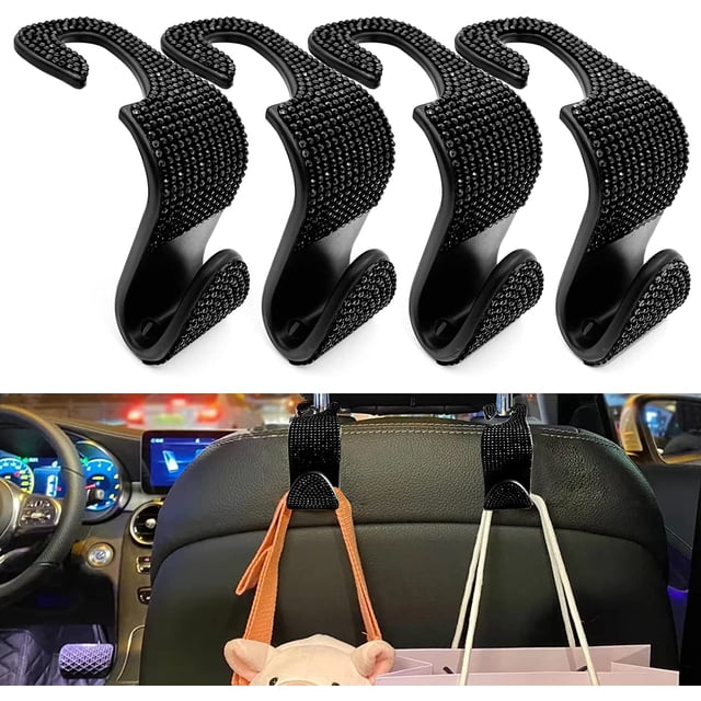 4PCS Car Seat Hooks, Bling Car Rhinestone Headrest Hooks, Universal Bling Car Interior Accessories, for Handbag, Clothes, Purse, Water Bottle (Black)