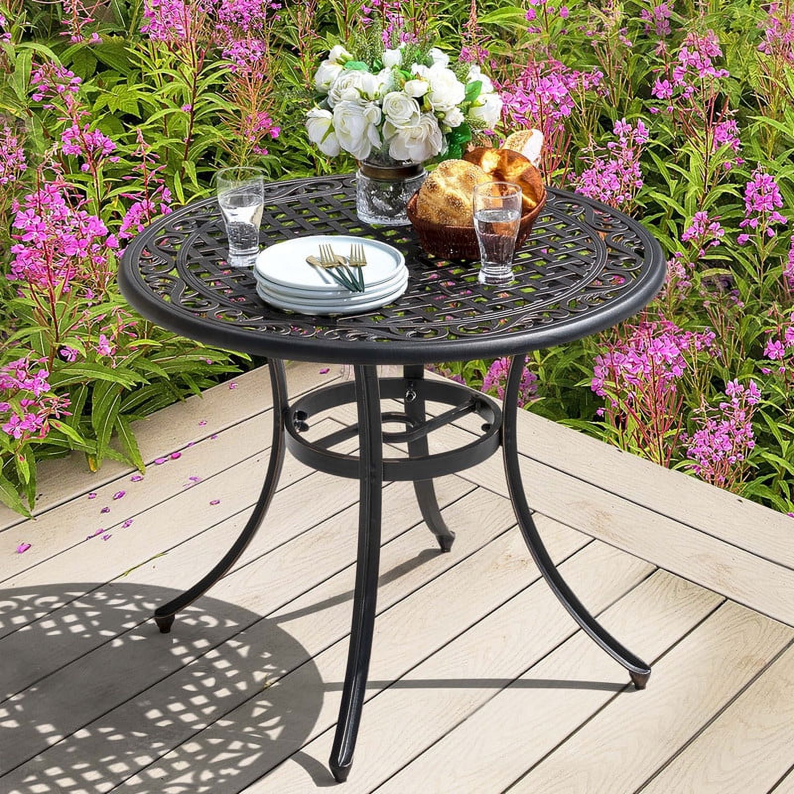Nuu Garden 36" Cast Aluminum Outdoor Dining Table Round Patio Bistro Dining Table with Umbrella Hole,Black with Antique Bronze at The Edge - image 2 of 9