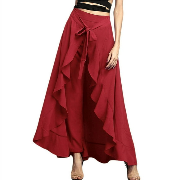 Qarigey Pantalones de con volantes para mujer, pantalones de pierna ancha elegantes estéticos para niñas, ropa inferior para fiesta de Prendas para la parte inferior del cuerpo Rojo SG