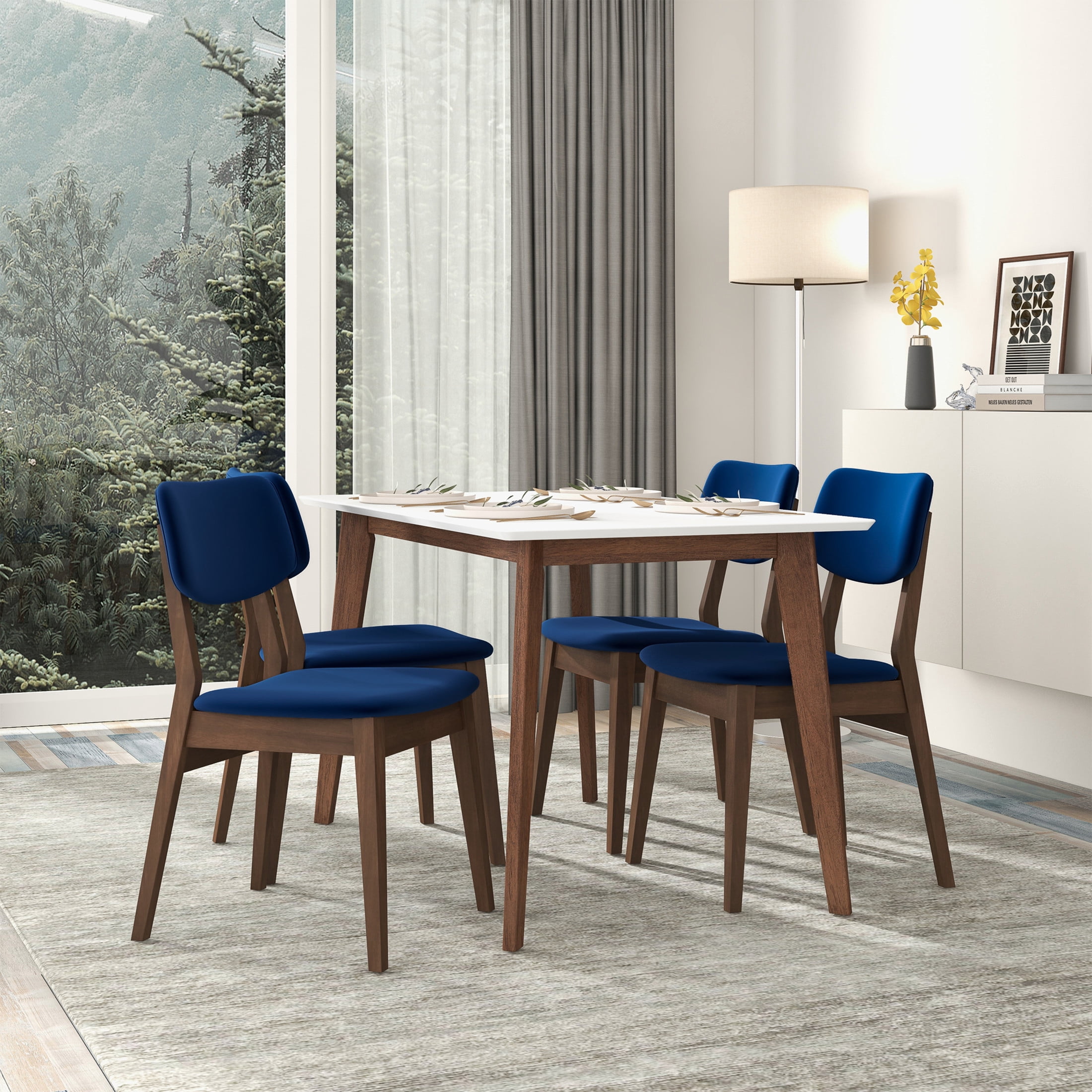 Noble House Unity Carlos Dining Chair Set, Velvet Upholstery with Solid Wood Legs, Set of 2, Navy Blue and Brown