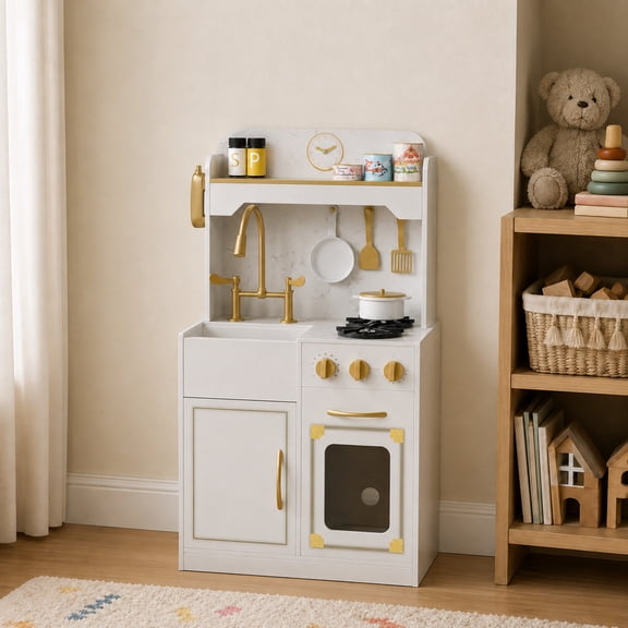 Teamson Kids Play Kitchen Set with Refrigerator, 11 Accessories, Interactive White Small Play Wooden Kitchen with Gold Tap - Little Chef Versailles