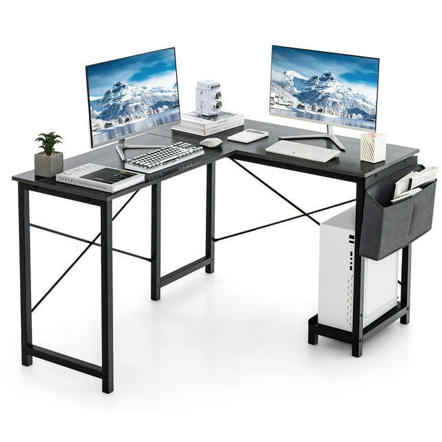 Gymax L-Shaped Computer Desk Reversible w/ Side Storage Bag & Host Stand Dark Gray