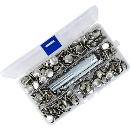 

Trimming Shop 100 Set Leather Rivets Kit 9mm Silver Double Cap Tubular Rivets with 3pcs Fixing Tool Set for DIY Leathercrafts Clothing Repair Bags Decoration