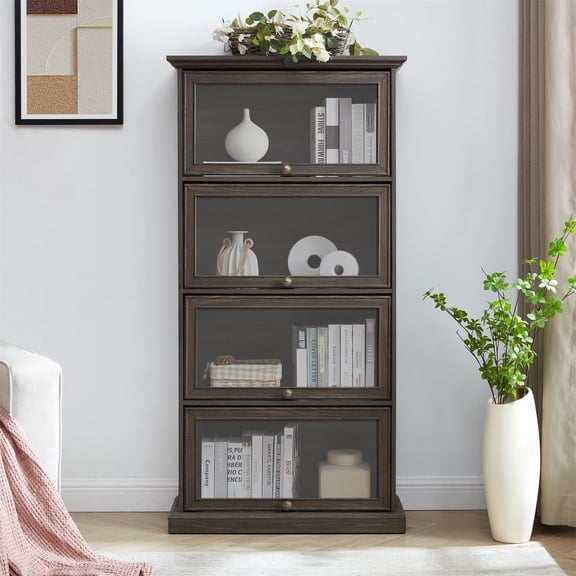Spaco 4-Tier Glass Display Cabinet with Flip up Glass Doors, Glass Display Cabinet Storage Cabinet, Storage Cabinet, Bookcase for Indoor, Brown