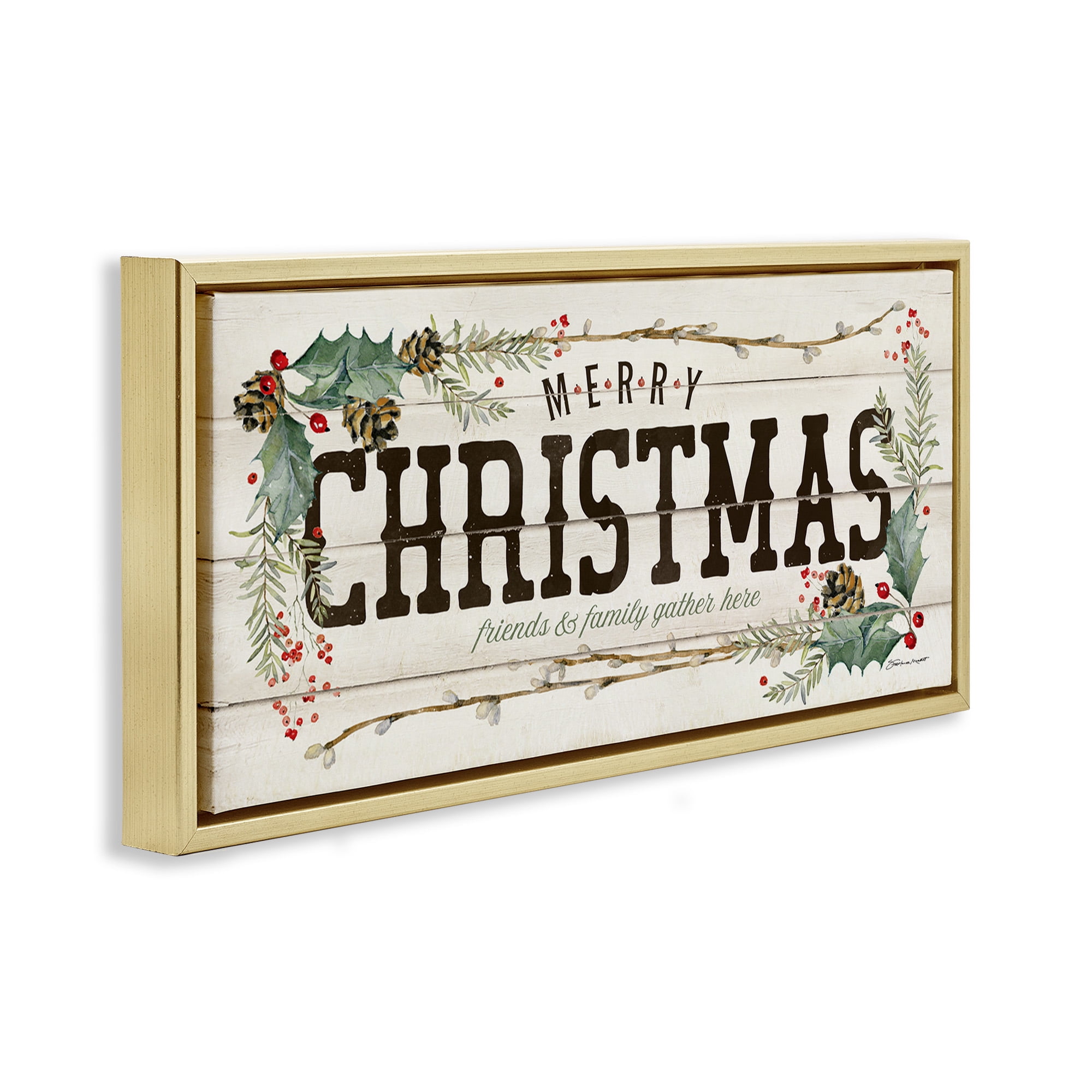 Stupell Industries Merry Christmas Friends & Family Holiday Painting Gold Floater Framed Canvas Art Print Wall Art, 31 x 14