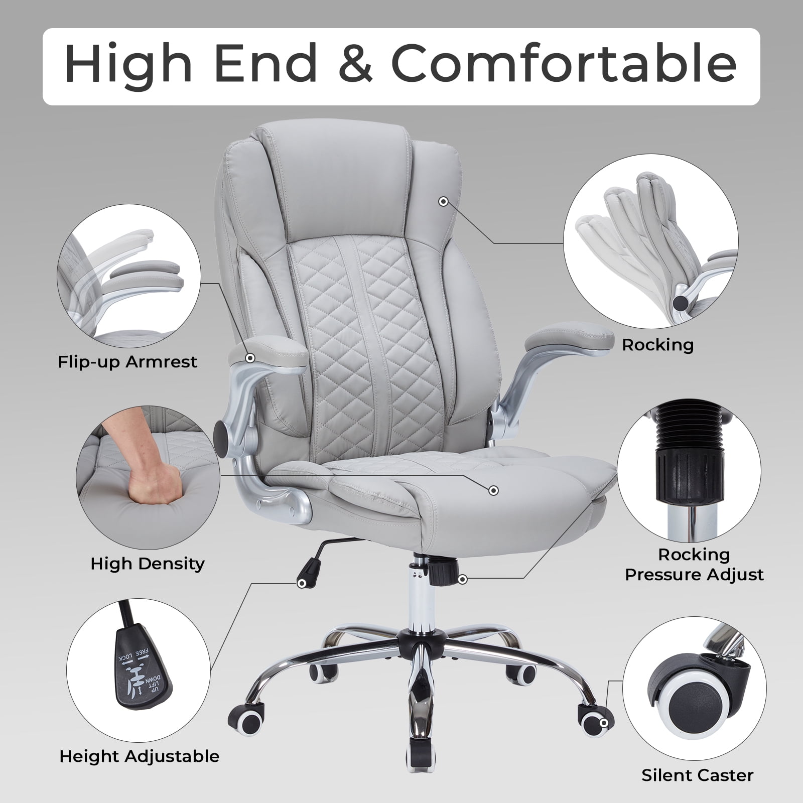 HESL Office Chair with Flip-Up Arms, Big and tall Office Chair with Rocking Mode, Desk Chair, GREY