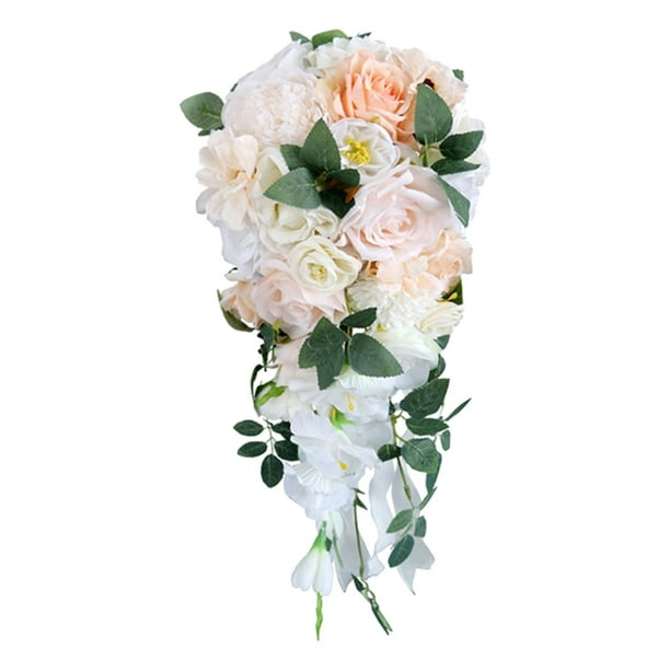 Ramo de novia de boda, flores de rosas artificiales de novia, ramo de flores falsas de , ramo en cascada Boho rústico