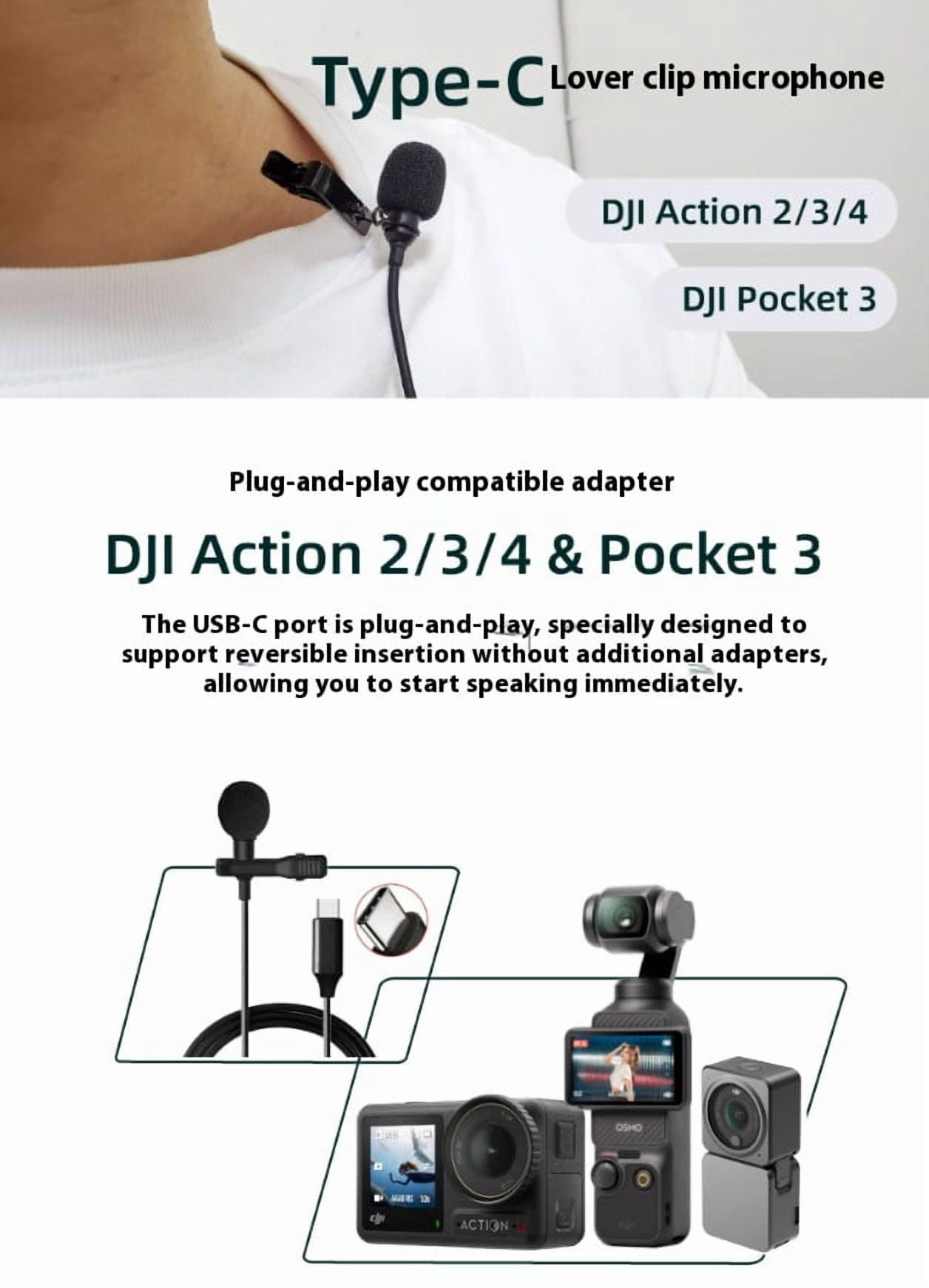 USB-C Lavalier Microphone for DJI Pocket 3 and Action 2 3 4 - Bigcan Omni-Directional Clip-On Mic with DAC Chip, Noise Reduction for Vlog Interview Recording