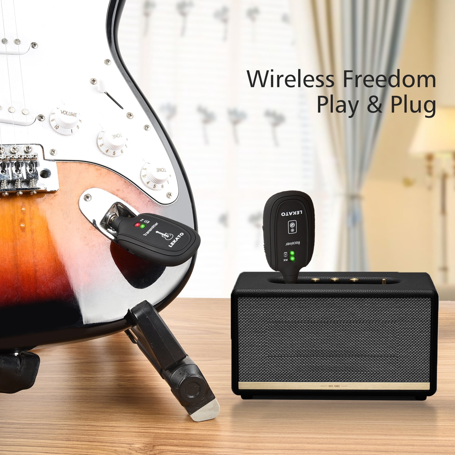 LEKATO A8 Wireless Guitar System Built-in Rechargeable 4 Channels Wireless Guitar Transmitter Receiver for Electric Guitar Bass Violin