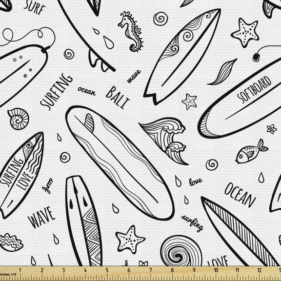 Ambesonne Surfboard Fabric by the Yard Upholstery, Monochrome Coastal, 10 Yards, Black White