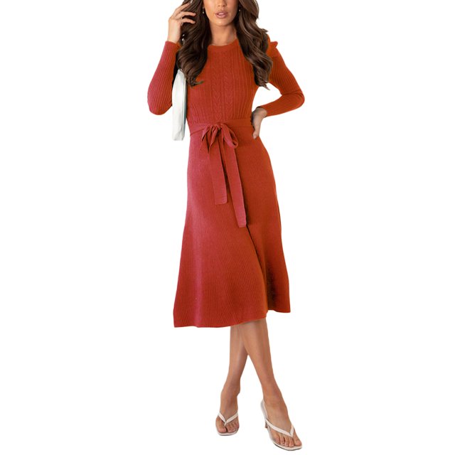 SAYOO Vestido Midi de Punto para Mujer, Sexy Manga Larga Puff Cuello Redondo Color Sólido Vestido con Lazo en la Espalda SAYOO Moda