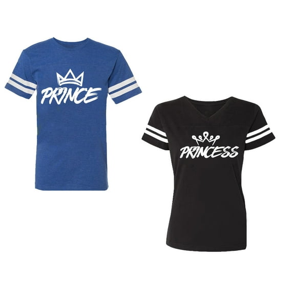 Prince & Princess Unisex Couple Matching Cotton Jersey style T-Shirt Contrasting stripes on sleeves (Men Royal / Women Black) (Men S / Women S)