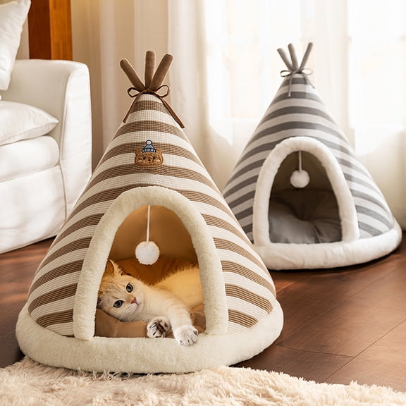Teepee Enclosed Cat Cave Bed, Durable Polyester Pet Teepee Tent Bed, Warm Enclosed Hideout Nest for Small Pets Indoor Use (Gray M)