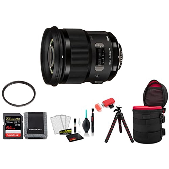 Sigma 50mm F/1.4 DG HSM Art Lens for Nikon F (311306) F Mount (International Model) - Bundle with 64GB Memory Card, Tripod, UV Filter and More