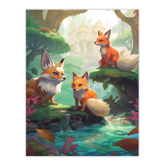 Three Kitsune Fox Spirits Painting Orange Pink Green Blue Playful Mythical Creatures Perched By River in Lush Forest Landscape Large Wall Art Poster Print Thick Paper 18X24 Inch